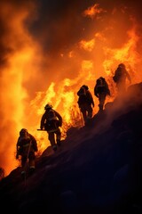 Fototapeta premium the spirit of teamwork as firefighters collaborate to extinguish a wildfire 