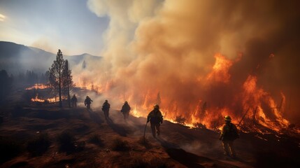 the spirit of teamwork as firefighters collaborate to extinguish a wildfire
 - obrazy, fototapety, plakaty