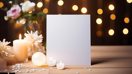 Mockup white blank space card, for greeting, table number, wedding invitation template on wedding table setting background. Generative Ai