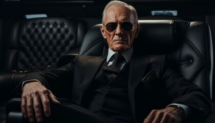 A rich elderly man sits in the car, business portrait of his grandfather.	
