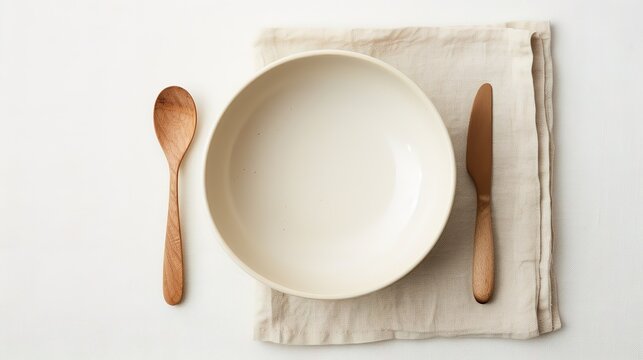 a white plate with a fork and spoon next to a napkin and a spoon rest on a white surface with a beige cloth and a pair of wooden utensils