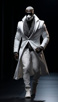 Men's fashion show in protective clothing of the future, chemical protection from radiation and smoke.
