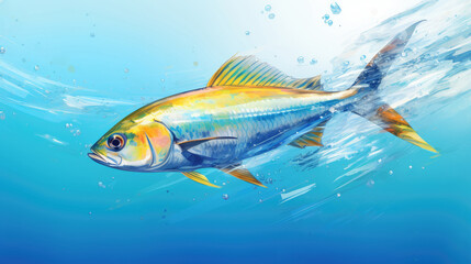 Illustration of an ocean fish on a blue water background.