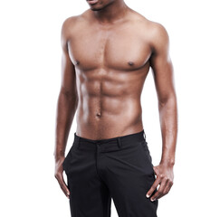 Man, model and shirtless for fitness, six pack and standing on white background, confident and abs....