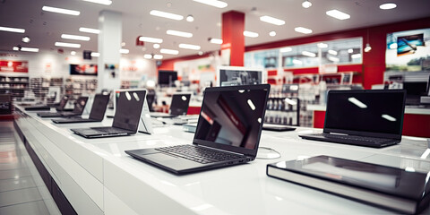 Inside a modern computer store with laptops on counter, showcasing a variety of digital products for customers. - obrazy, fototapety, plakaty