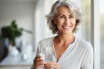 Senior woman holding a glass of water and showing medication, emphasizing health and well-being in her home.
