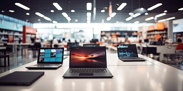 Modern retail store interior with a variety of gadgets, laptops, and computers on counter for purchase.