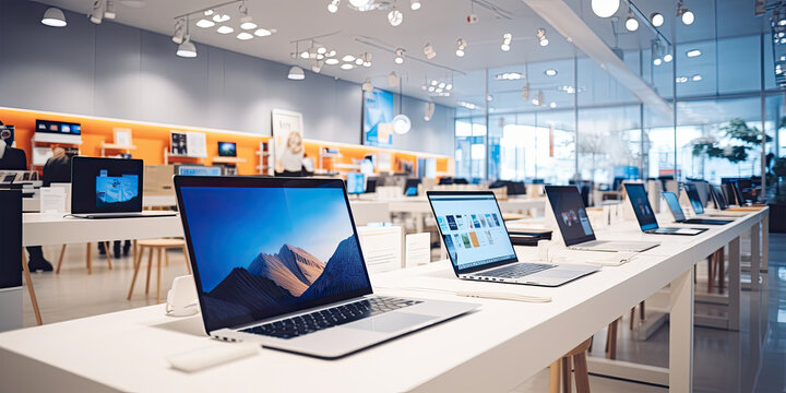 Modern computer store showcasing a variety of computer products, including laptops, desktops, and tablets.