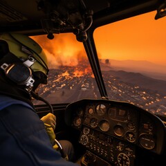 aerial shot from inside the plane showcasing the united effort of firefighters combating a raging wildfire