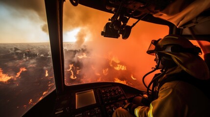 aerial shot from inside the plane showcasing the united effort of firefighters combating a raging wildfire - obrazy, fototapety, plakaty