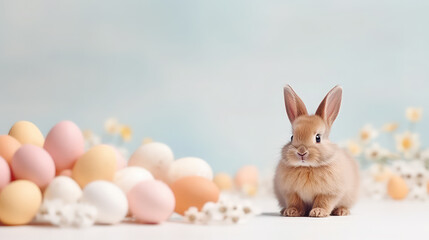 Fototapeta na wymiar Cute Easter bunny with eggs and flowers on light blue backgound