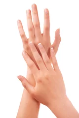Poster Woman, hands and french manicure for nails, polish and cosmetic care, skincare and beauty. White background, wellness and treatment for hygiene, closeup and fingers for arm, studio backdrop and clean © Tylan Elliott/peopleimages.com
