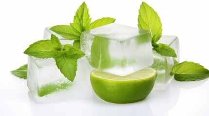 Obraz na płótnie Canvas Ice cubes, lime wedge and basil leaves isolated on white background