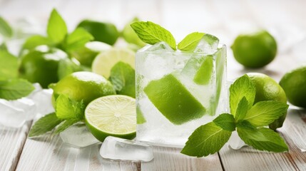 Ice cubes, lime wedge and basil leaves isolated on white background