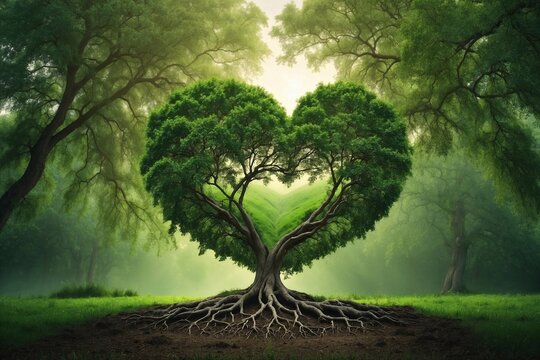 green tree in heart form, reflecting nature fondness and wholesome unity, love arboreal emblem