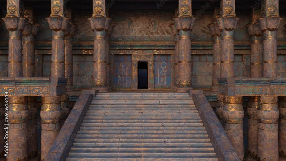 Poster walking up steps to entrance of an ancient egyptian temple or tomb. animated 3d rendering.