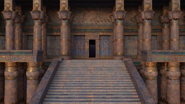 Walking up steps to entrance of an ancient Egyptian temple or tomb. Animated 3D rendering.