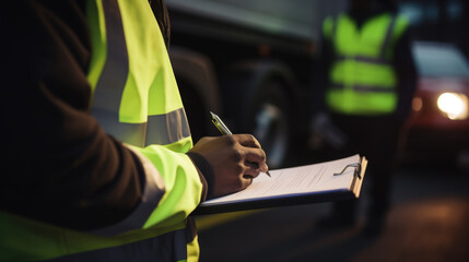 Close-up of a person's hand holding a pen and writing on a clipboard, wearing a safety reflective vest, with a delivery vehicle in the background.