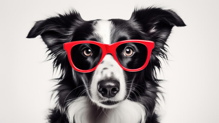 ?lose-up of a happy Border Collie dog , wearing bright red glasses, smiling with its tongue out in a cheerful and playful manner.