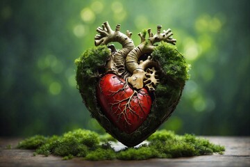detailed close-up captures roots, moss, and human heart in natural harmony, illustrating planet conservation and unity with nature, heartland harmony - obrazy, fototapety, plakaty