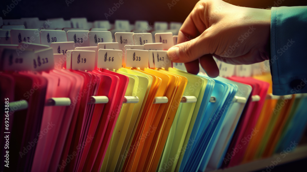 Poster close-up of a person in a business suit searching through open file drawers full of documents.