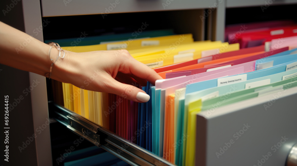 Poster close-up of a person in a business suit searching through open file drawers full of documents.