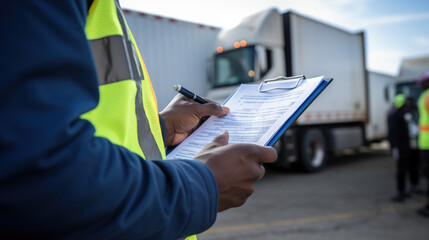 Close-up of a person's hand holding a pen and writing on a clipboard, wearing a safety reflective vest, with a delivery vehicle in the background.
