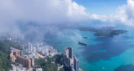 Beautiful aerial view of Pok Fu Lam and Lamma Island, Hong Kong Island. clear daytime, summer