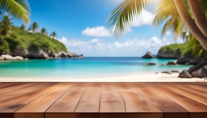 table en bois devant une plage tropicale