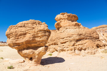 Mushroom rock nor far from White Canyon in Sinai desert. Sinai Peninsula, Egypt. Geological formation and erosion
