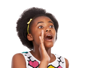 Surprise, shouting and young black girl in studio with wow, wtf or omg facial expression for bad...
