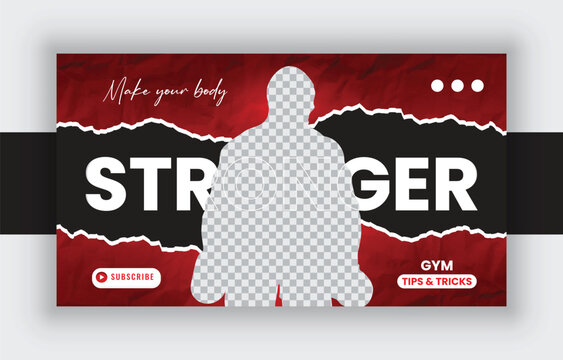 Gym and fitness YouTube thumbnail design for any video. Video cover photo template for social media.