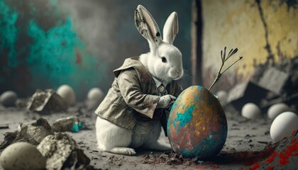 Osterhase / Weißes Kaninchen in Vintage-Anzug bemalt ein buntes Ei mit Pinsel und Farben. Dunkler dystopischer Hintergrund. Konzept: Postapokalyptisches Ostern. Illustration - obrazy, fototapety, plakaty