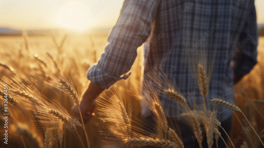 Poster a farmer is standing in a field of wheat