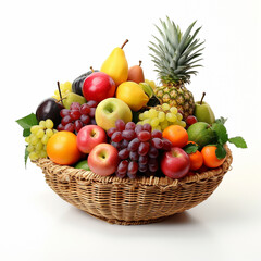 exotic fruits lie in a fruit basket on a white background
