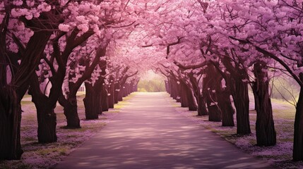 A winding path through a tranquil forest lined with blossoming trees.