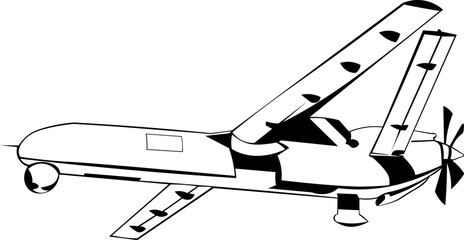 Cartoon Black and White Isolated Illustration Vector Of A Military Flying Drone