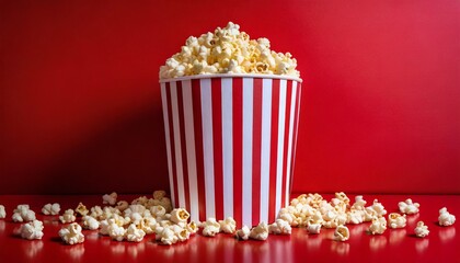 Striped box with popcorn and red background