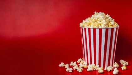 Striped box with popcorn and red background 