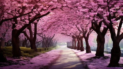 A winding path through a tranquil forest lined with blossoming trees.