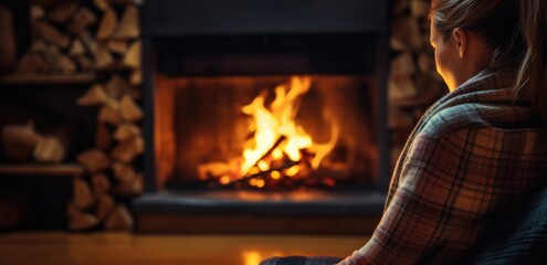 Girl sitting in plaid in front of the fireplace, banner with space for your text