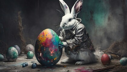 Osterhase / Weißes Kaninchen in Vintage-Anzug bemalt ein buntes Ei mit Pinsel und Farben. Dunkler dystopischer Hintergrund. Konzept: Postapokalyptisches Ostern. Illustration - obrazy, fototapety, plakaty