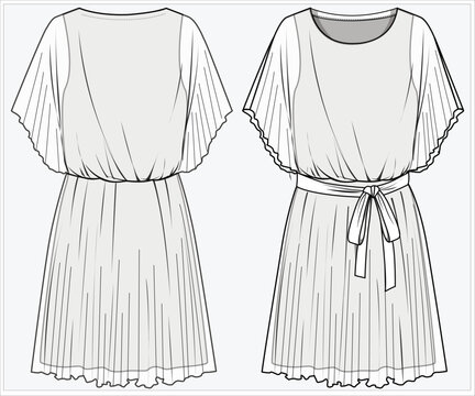 SHIMMER PERMA PLEAT DOLMAN SLEEVES WITH TIE UP BELT DETAIL PARTY DRESS DESIGNED FOR WOMEN AND TEEN GIRLS IN  VECTOR ILLUSTRATION FILE