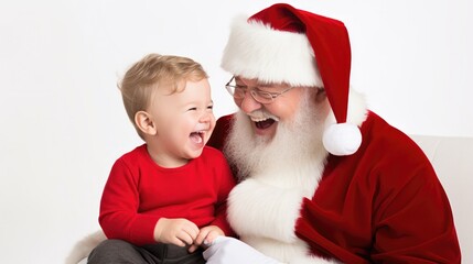 santa claus and a baby seating on his thigh, looking at each other and laughing, happy ambiance, white background