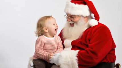 Obraz premium santa claus and a baby seating on his thigh, looking at each other and laughing, happy ambiance, white background