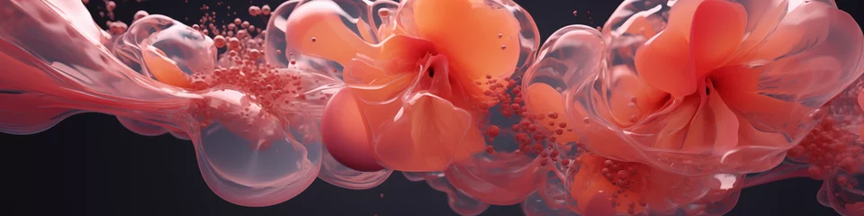 Fotobehang 3D abstract bloom liquid blossom organic flower orange peach fuzz glass and plastic background © pier