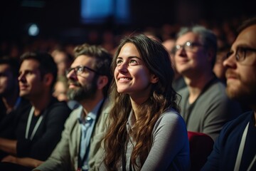 Fototapeta premium Enthralled Minds: Candid Shot of Engaged Conference Attendees Raptly Listening to a Captivating Speaker in a Shared Pursuit of Knowledge. created with Generative AI