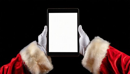 Image of hands of santa claus holding tablet with blank screen and copy space on black background 