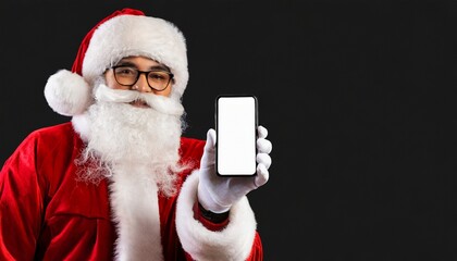 Hey, new cellphone. Santa holding modern phone with white blank screen over black background
