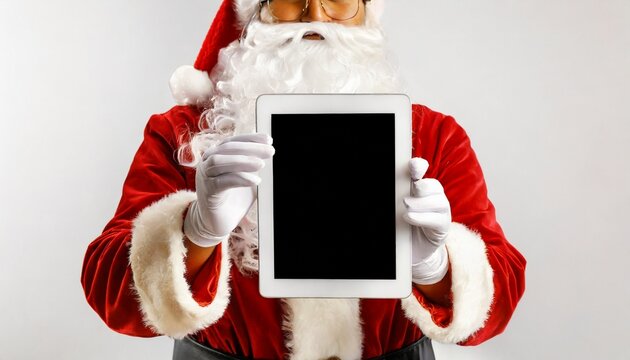 Image of hands of santa claus holding tablet with blank screen and copy space on white background.